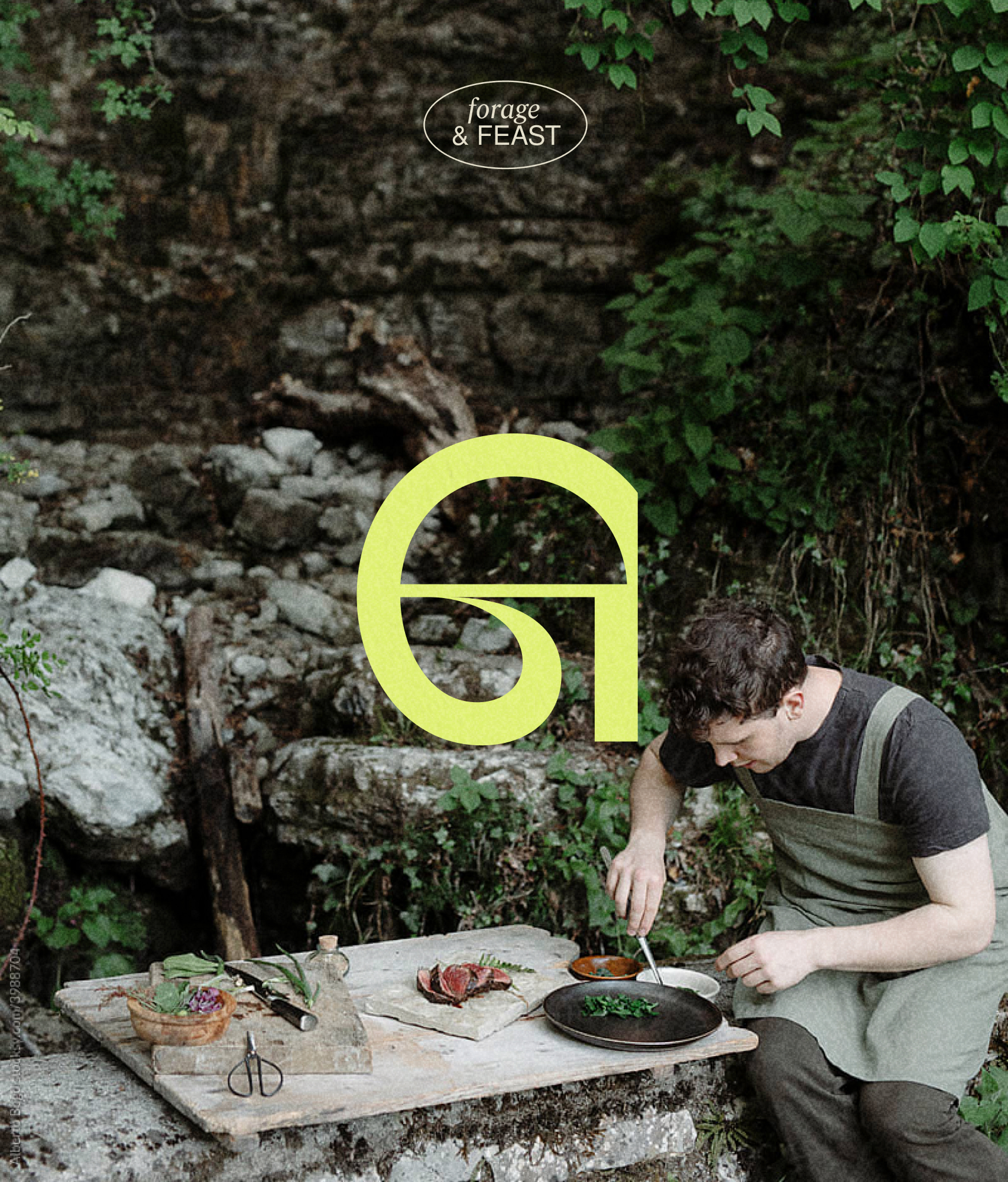 The Gather logomark, a large yellow G, over a photograph of a cook plating up outdoors