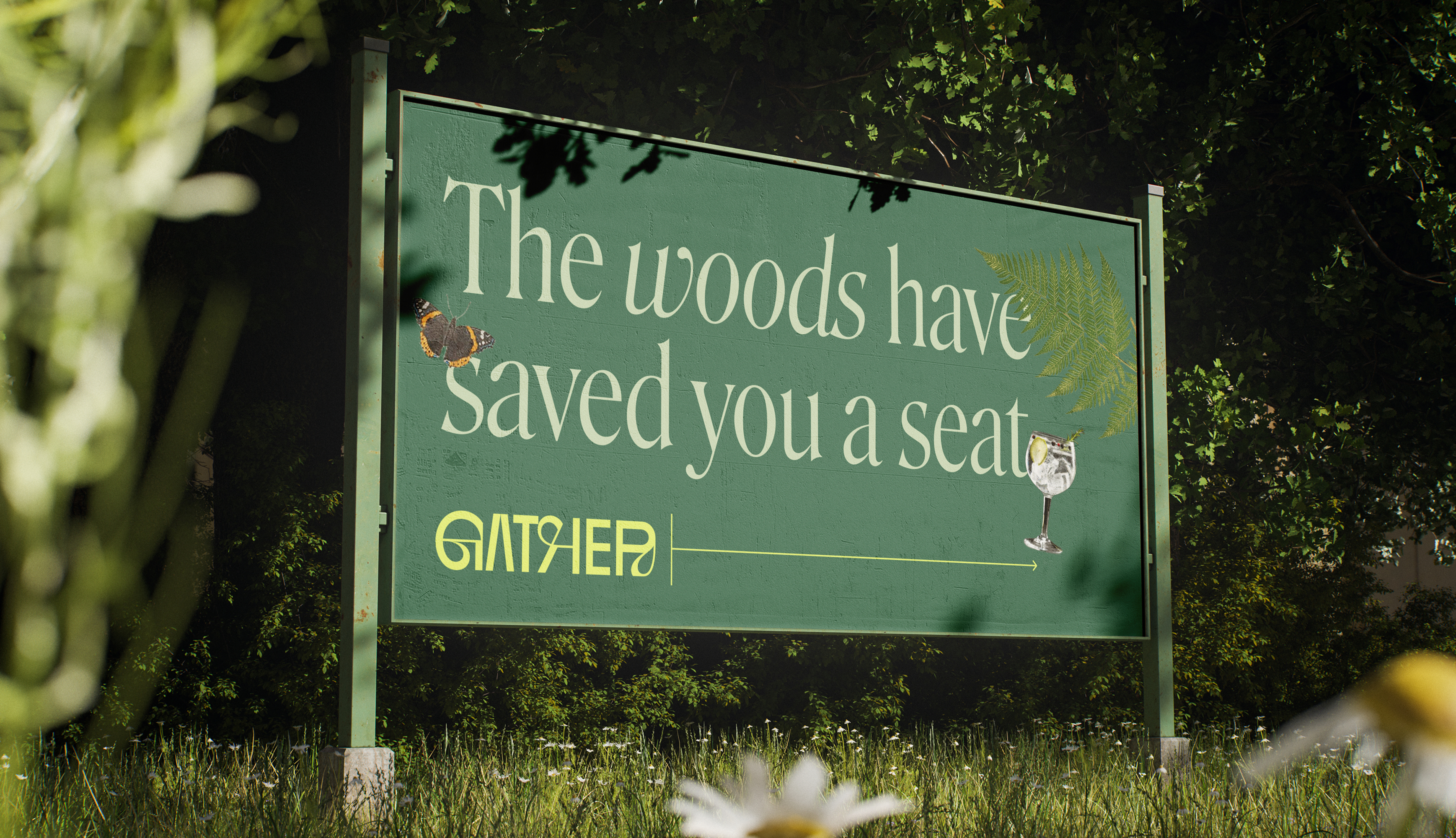 A green sign at the edge of the woods reading The woods have saved you a seat, with the Gather logo and an arrow pointing in