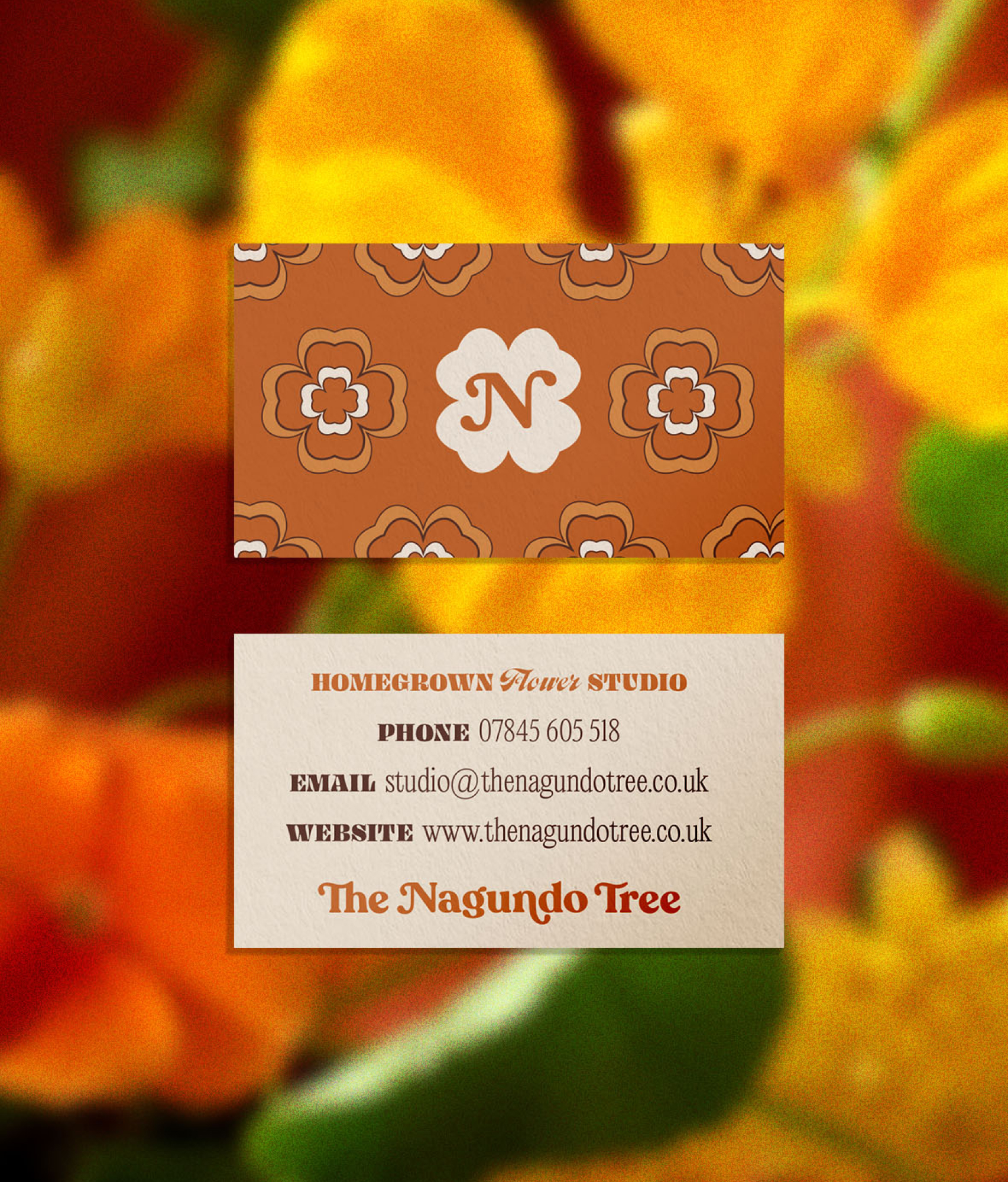 Business cards, one side a repeating retro flower pattern around the monogram, the other the studio's contact details