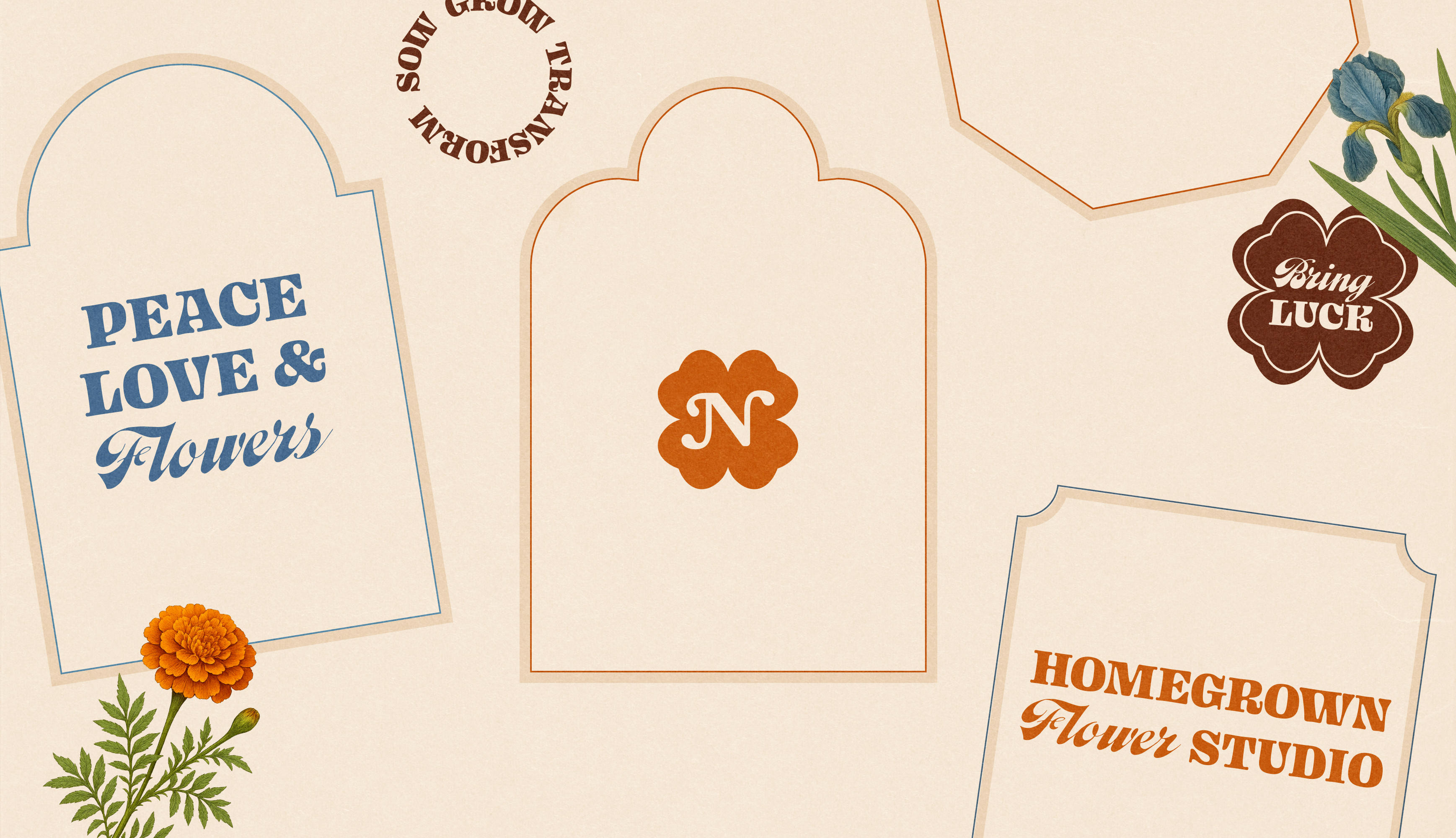 Brand elements together: arched frames, the N clover monogram, Bring Luck and Homegrown Flower Studio submarks