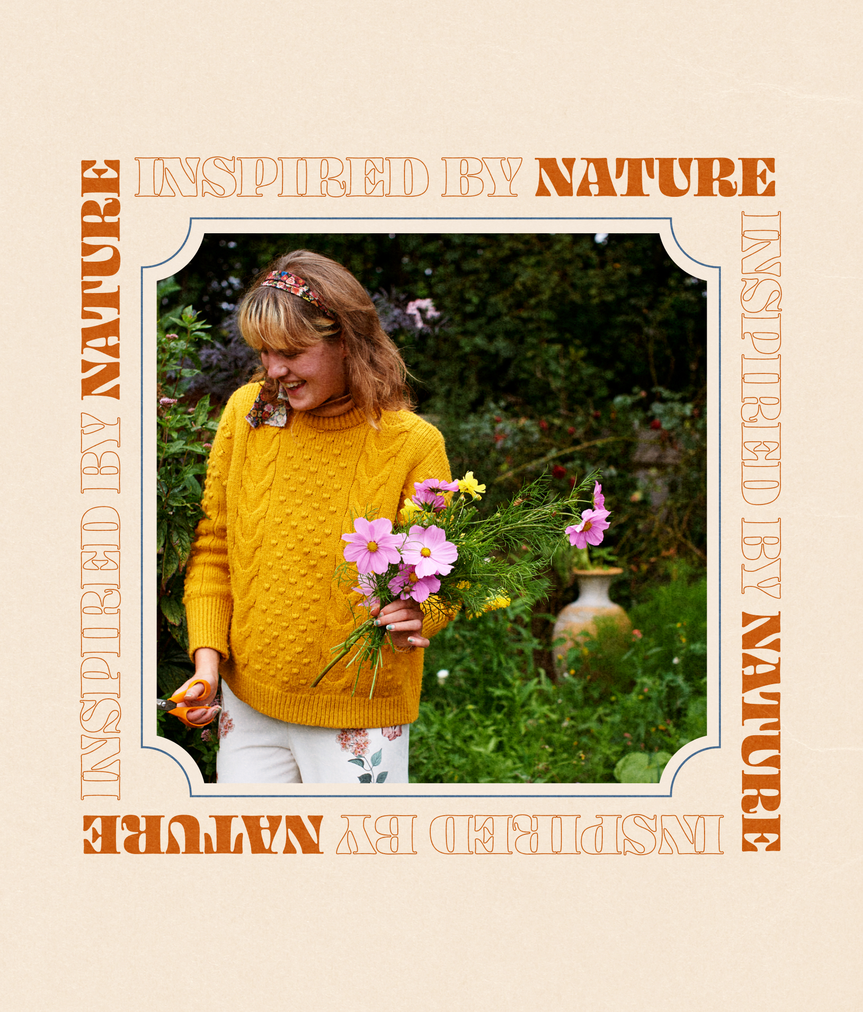 Ash cutting cosmos in the garden, inside a border of repeated Inspired by Nature lettering