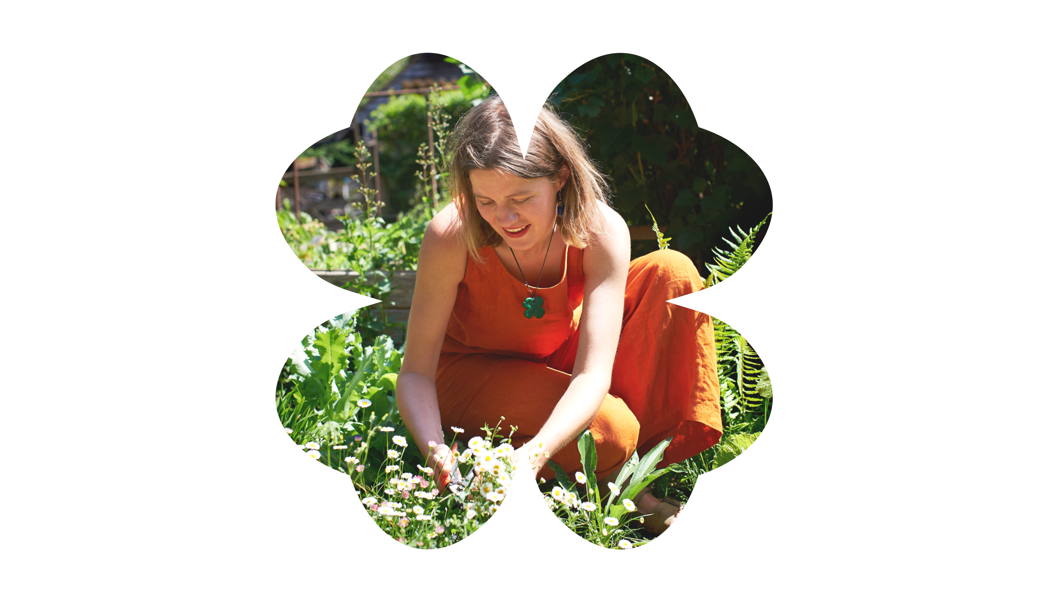 Ash picking flowers in the garden, framed in a clover shape