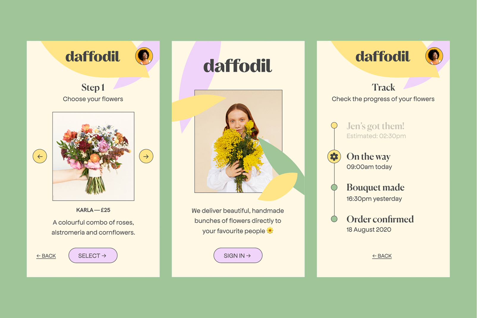 Three Daffodil app screens on sage green: choosing a bouquet, a sign in screen, and an order tracker running from confirmed to delivered