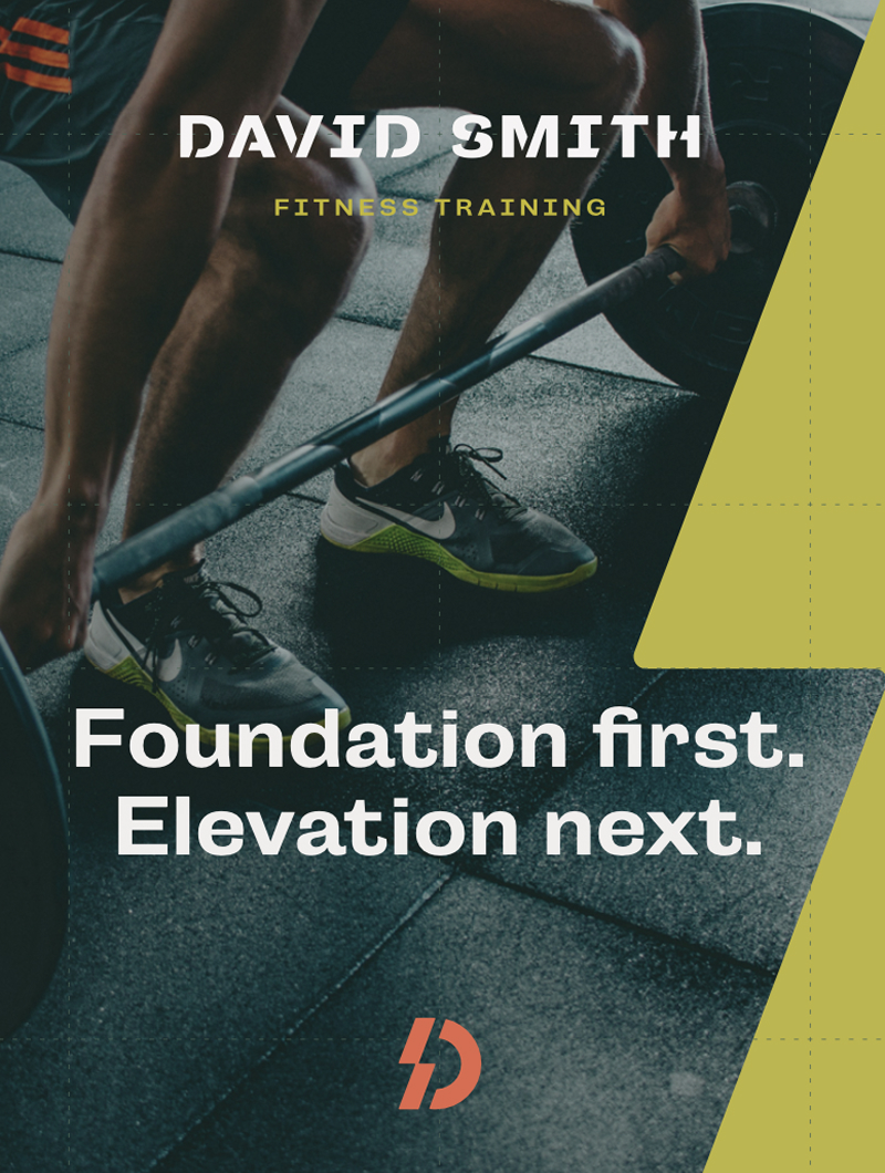 A David Smith Fitness Training poster over a photograph of someone lifting a barbell, reading foundation first, elevation next, with a lime wedge cutting in from the right