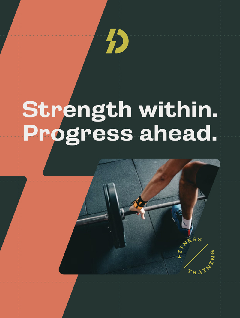 A second poster on dark green and coral reading strength within, progress ahead, the lightning D mark above and a training photograph below
