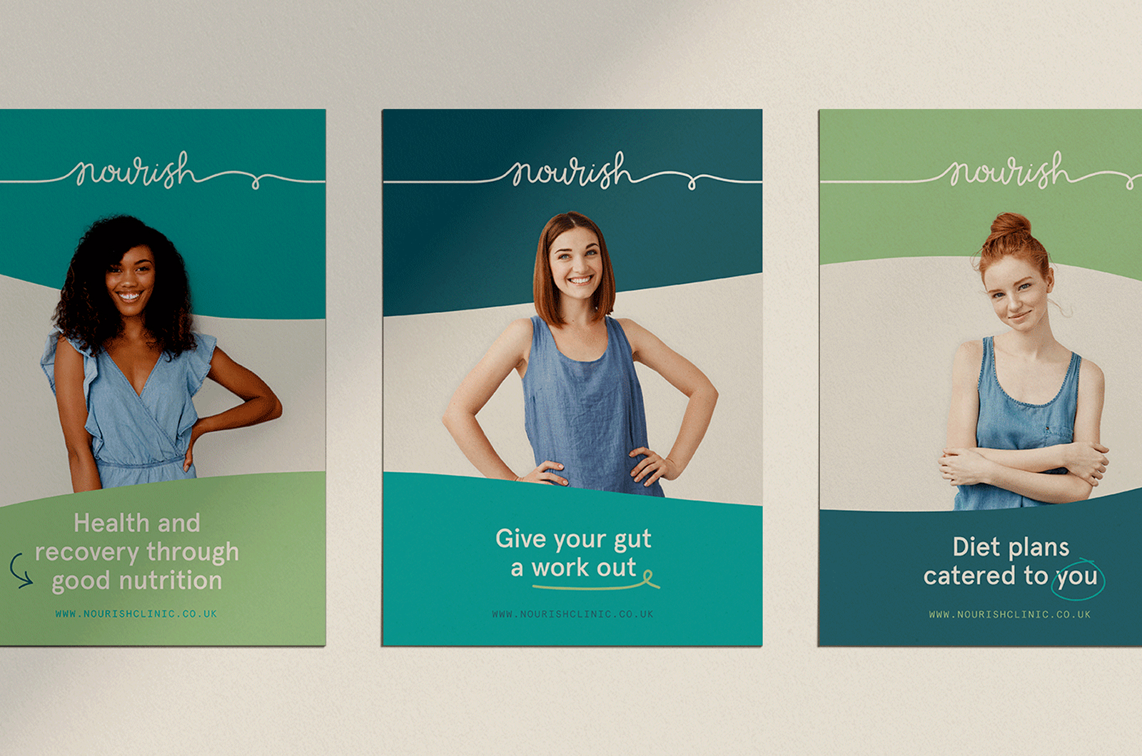 Three Nourish posters on a wall, each a portrait over a wave of green and teal under the script logo, reading health and recovery through good nutrition, give your gut a work out, and diet plans catered to you