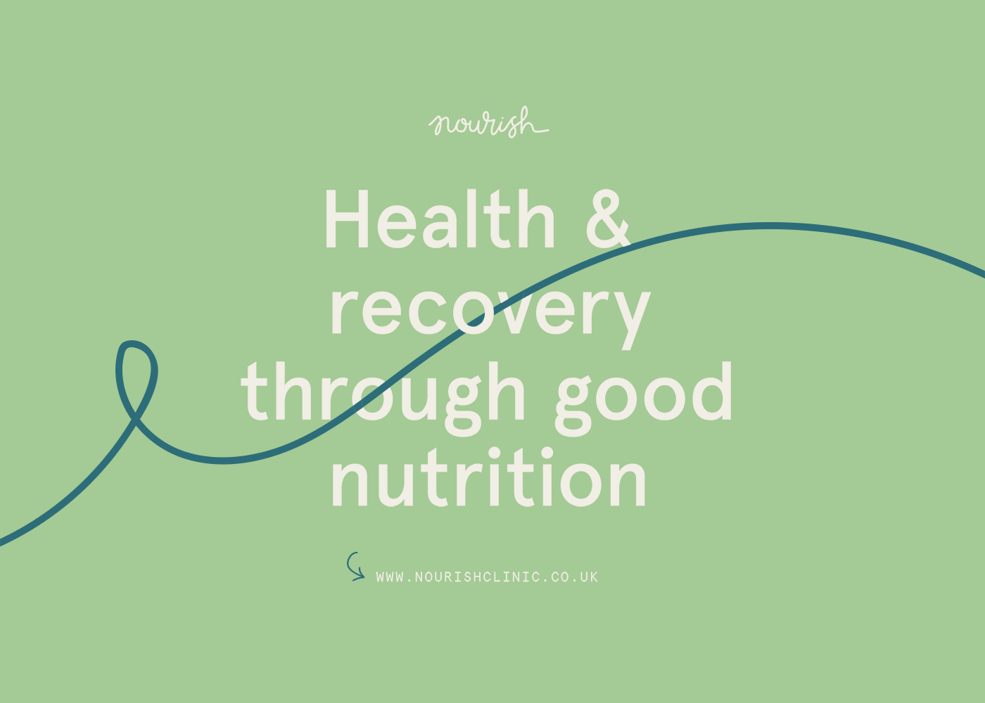 Health and recovery through good nutrition set on pale green, the Nourish script above it and a looping teal line drawing itself across the width