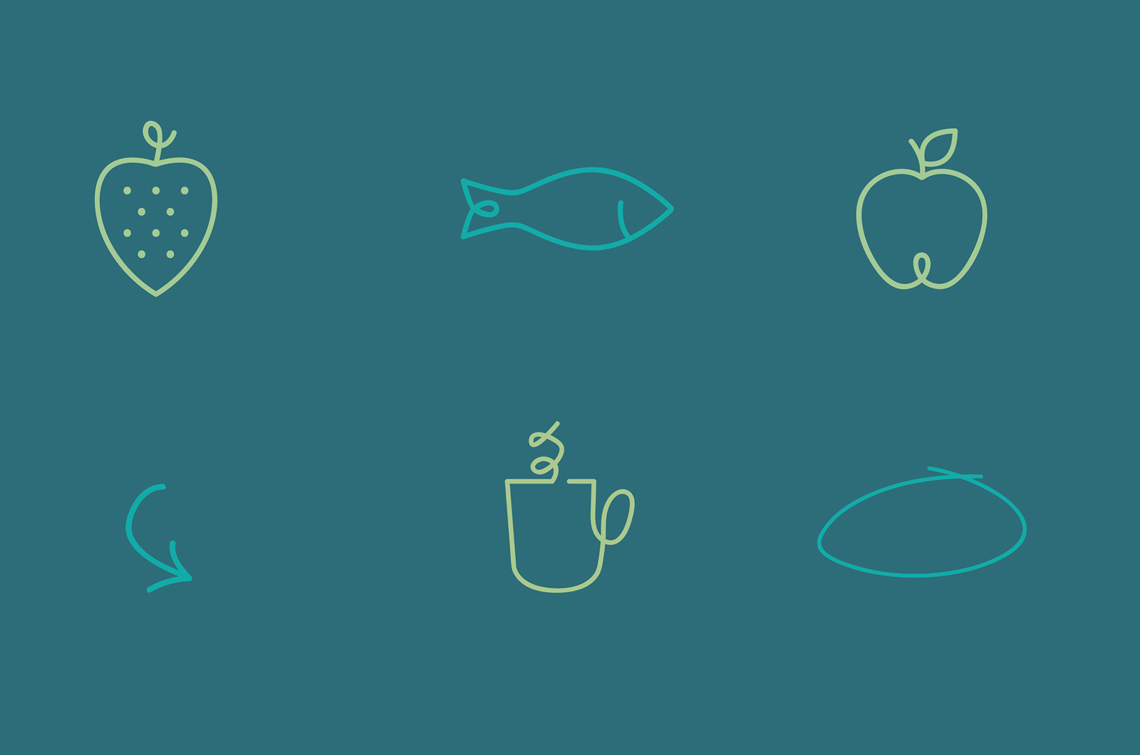 Six Nourish line icons on teal: a strawberry, a fish, an apple, an arrow, a steaming mug and a leaf, each drawn in one continuous looping stroke