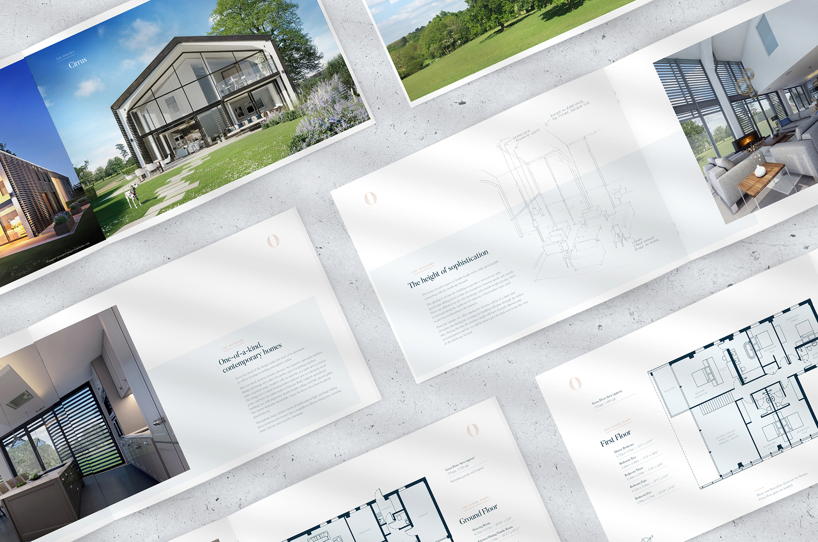 Osborne Park brochure spreads laid out at an angle, running from a render of a glass-gabled house to interiors, a line drawing and floor plans