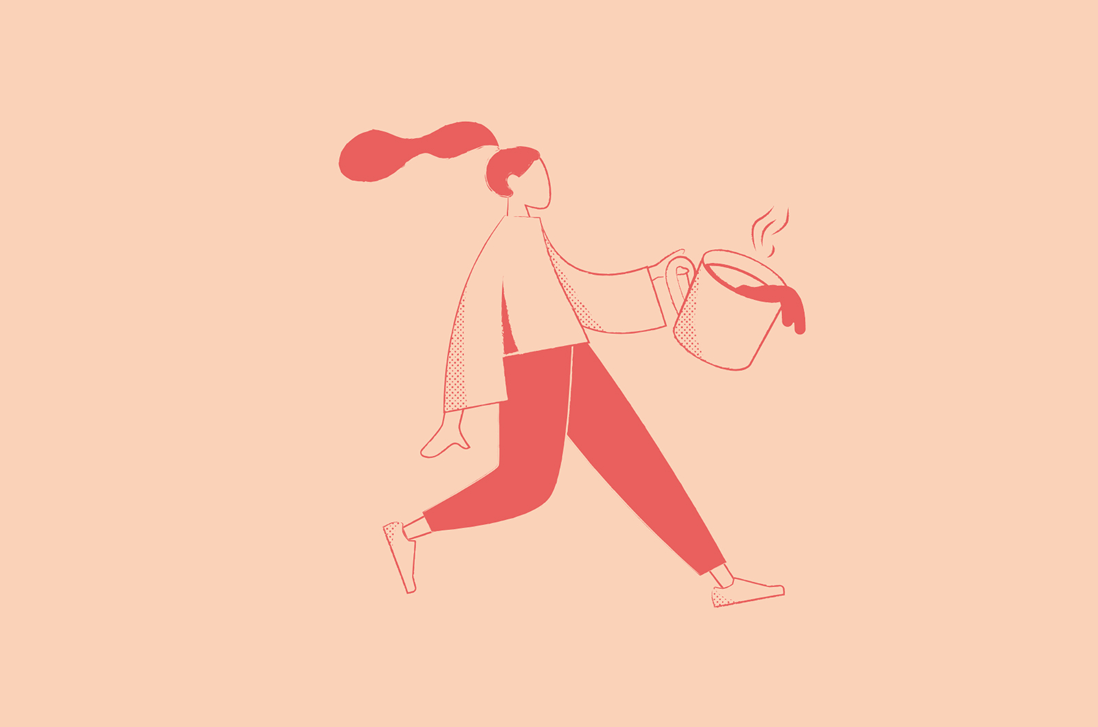 A figure with a streaming ponytail striding along carrying an oversized mug of coffee, drawn in red line on peach