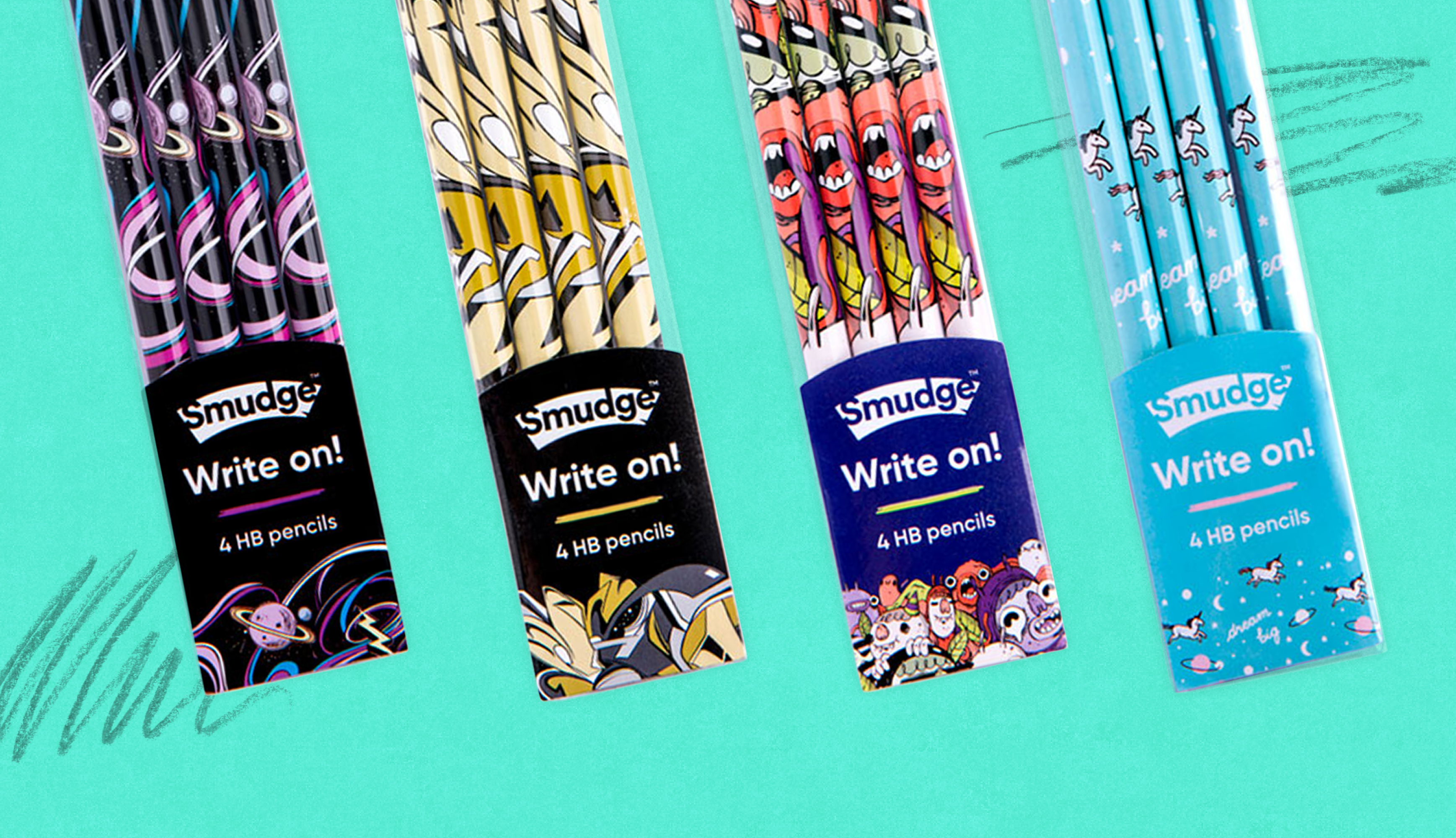 Four packs of Smudge HB pencils on mint green, each in a different collection print, with pencil scribbles across the board